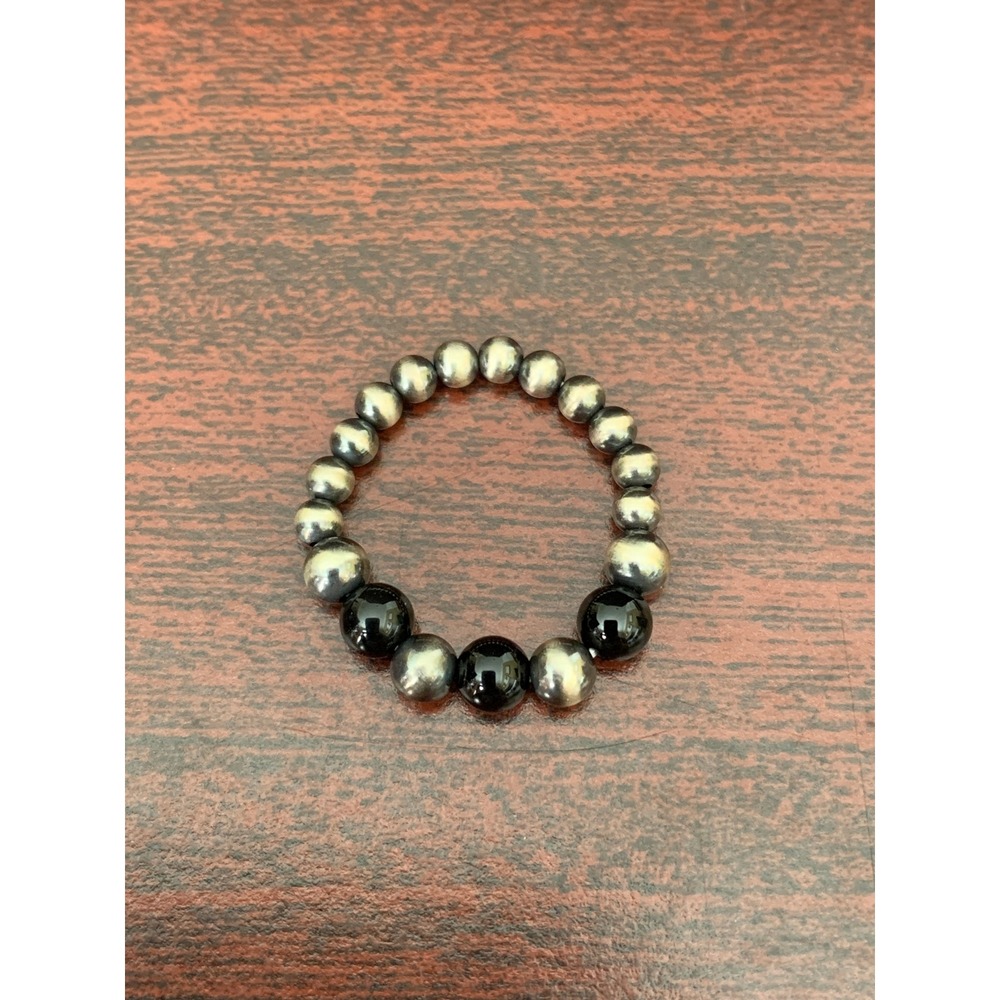 925 Sterling Silver Desert Pearl Black Onyx Beaded Stretch Ring Adjustable